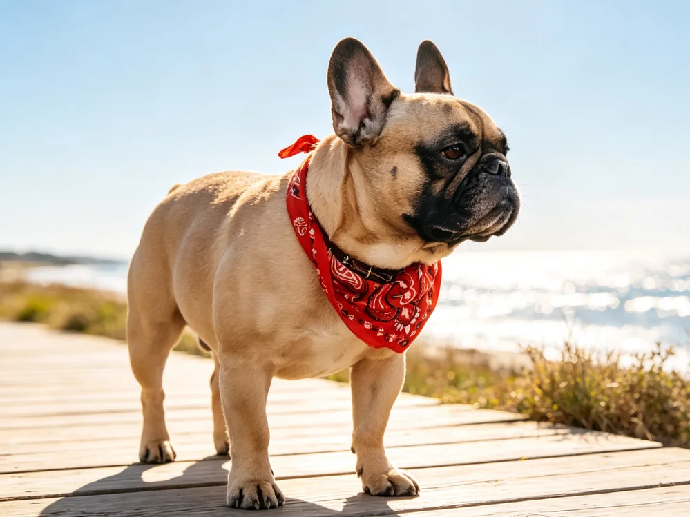 French Bulldog standing patiently after home grooming session