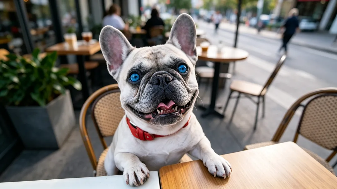 French Bulldog puppy during early socialization training outdoor on leash with positive reinforcement