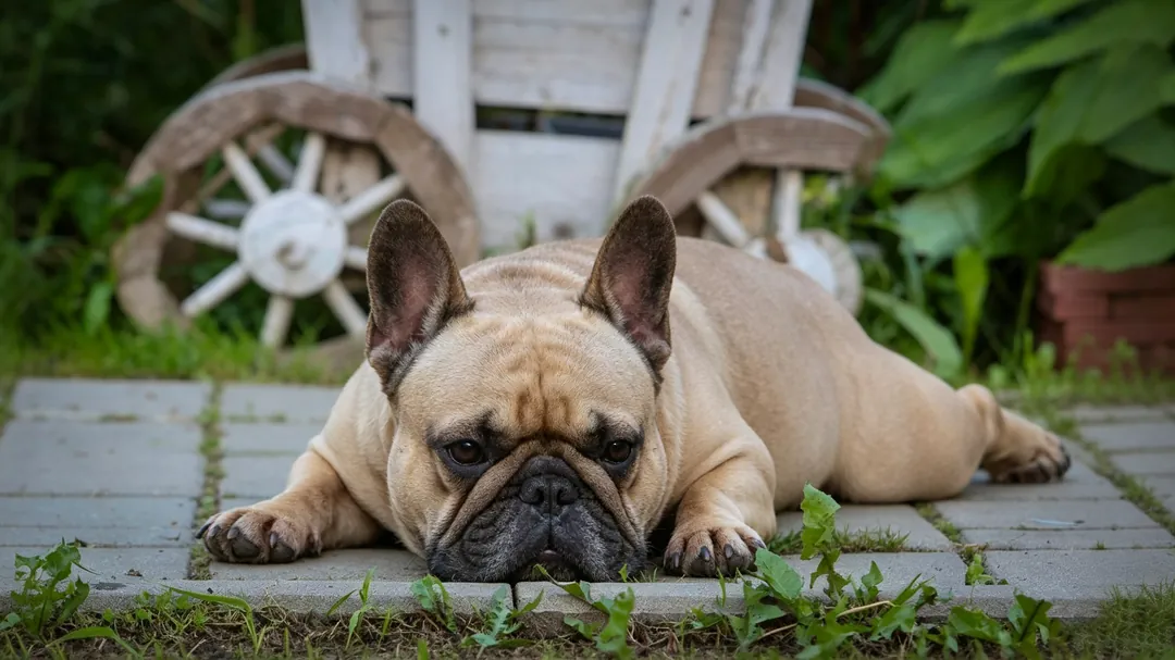 French Bulldog puppy sitting near crate during potty training session on clean floor