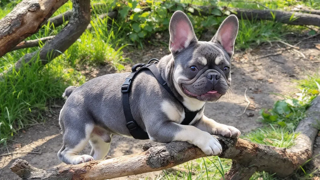 Comparison of French Bulldog puppy at 2 months, 6 months, and 12 months illustrating physical broaden